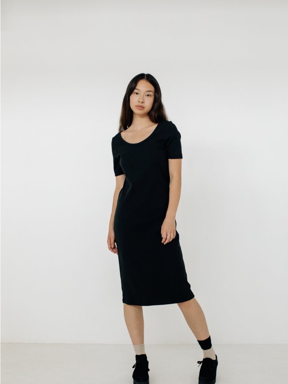 Paper Label Ribbed Midi Dress – Black Pima Cotton Blend (Size M)